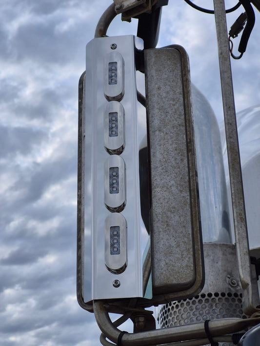 Mirror Stainless - P-Clamp Style - 4x Straight Oval Lights to suit Kenworth, Mack & Western Star